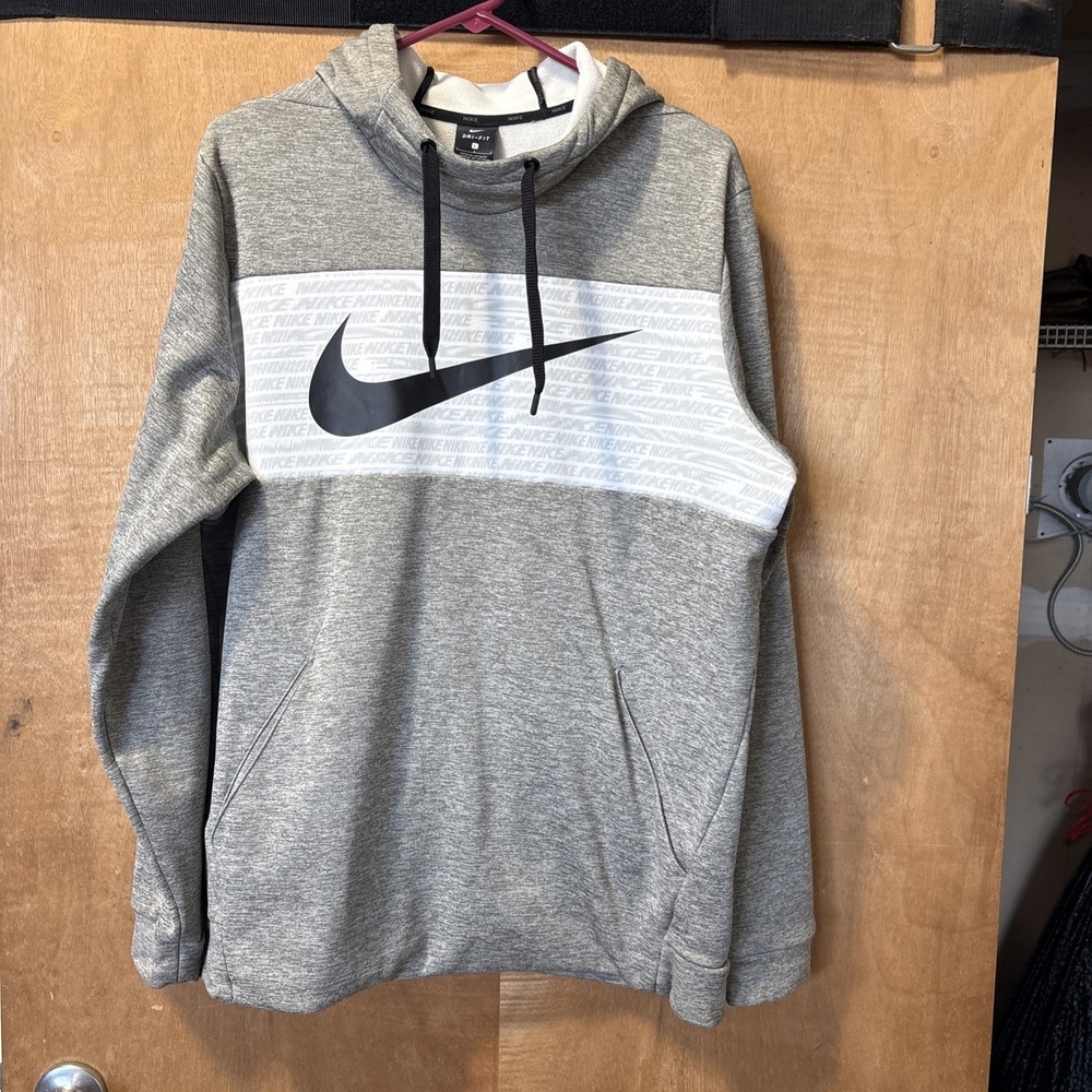 Mens Nike Hoodie Size Large Gray Pullover Sweatshirt Logo Dri Fit - 1040
